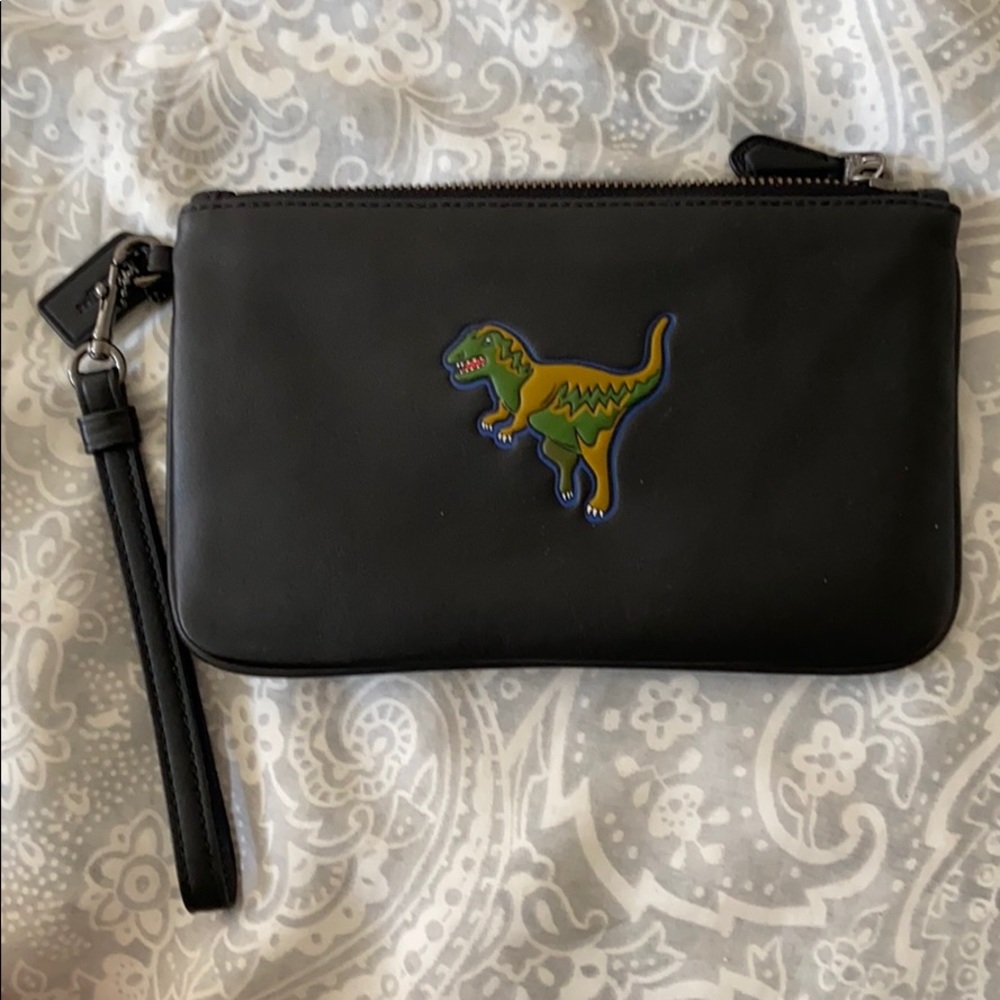 Coach T Rex Rexy Black Leather Pouch Wristlet Bag
